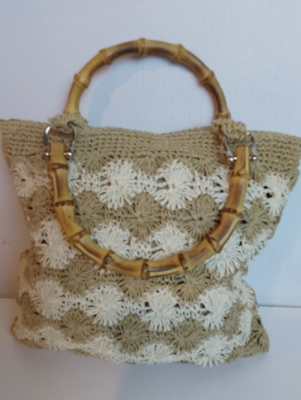The Limited | Vintage Tan Cream Crochet Handbag Purse Bamboo Handmade Y2K Boho